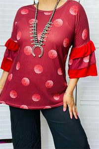 YMY9810-2 Burgundy  polka dot printed blouse with red double ruffle 3/4 sleeve for women (FS11)