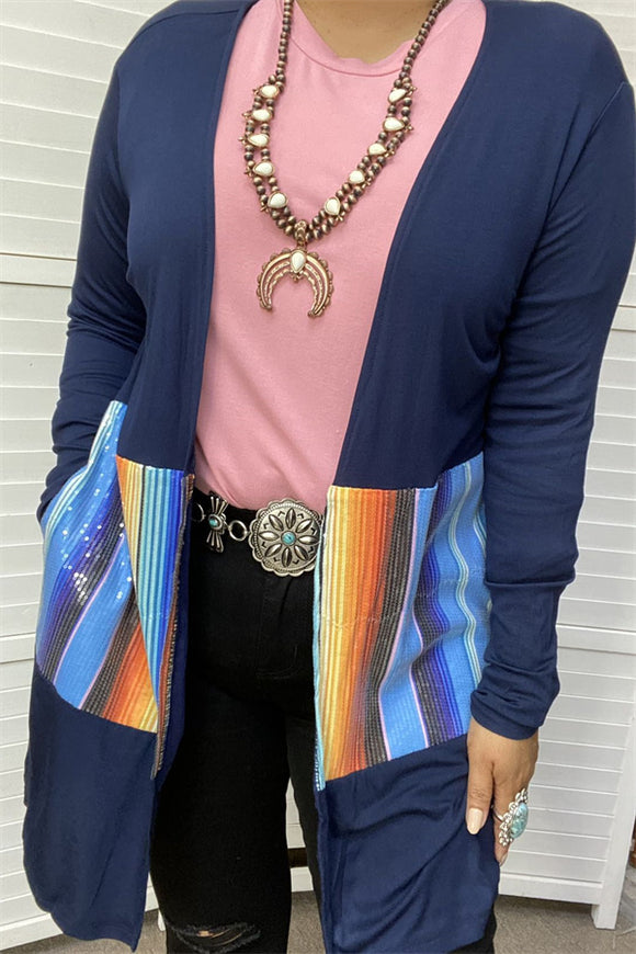 FW8050-2 Wholesale Navy blue/serape sequin color block long sleeve women cardigan w/pockets CS11