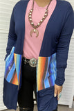 FW8050-2 Wholesale Navy blue/serape sequin color block long sleeve women cardigan w/pockets CS11