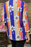 BQ15682 Navy/pink/orange stripe&sunflower multi color printed 3/4 sleeve women top w/V-neckline