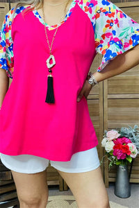 XCH15847 Multi color floral printed short sleeve/ruffle V-neckline women fuchsia tops