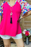 XCH15847 Multi color floral printed short sleeve/ruffle V-neckline women fuchsia tops