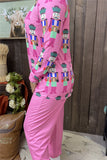 DLH15362 "Small people"printed long sleeve top &solid pink pants women pajamas sets