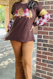 XCH15726 Christmas trees sequin&cloth patch sewing on the brown fabric w/checked printed long sleeve women tops