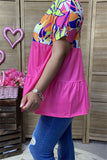 XCH15855 Ginger multi color plants printed block solid fuchsia bottom short sleeve baby-doll women tops