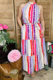 GJQ13495 Multi color striped printed sleeveless maxi dress w/side pockets&waist straps