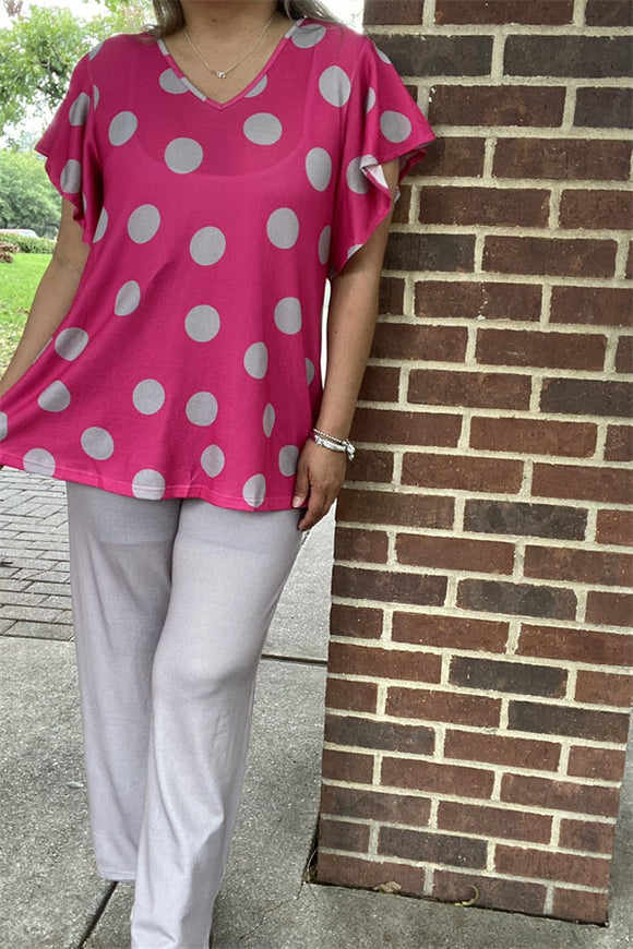 XCH15751 Gray dots/fuchsia printed top/bell sleeve&gray pant w/side pockets 2pcs women set