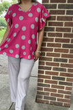 XCH15751 Gray dots/fuchsia printed top/bell sleeve&gray pant w/side pockets 2pcs women set