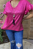 BQ15891 Fuchsia leopard printed short sleeve w/double ruffle women fuchsia tops