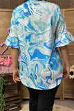 BQ15867 Wave graphic teal&turquoise short sleeve w/ruffle women tops