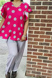 XCH15751 Gray dots/fuchsia printed top/bell sleeve&gray pant w/side pockets 2pcs women set