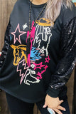 XCH15788 Yellow horse/Fuchsia cactus multi color graphic embroidery  long sleeve w/black sequin women tops