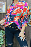 XCH15615 Orange/fuchsia/teal colorful paisley printed 3/4 sleeve w/band  V-neckline women tops