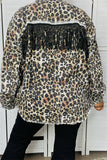 DLH13755 Leopard print rhinestone black tassel/fringe denim women coat/jacket