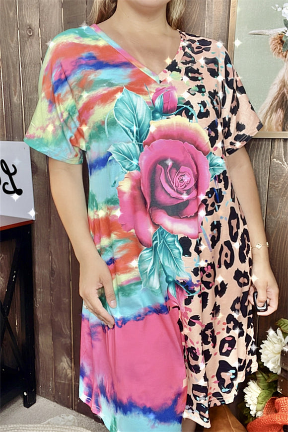 XCH13730 Half leopard & tie dye floral multi color printed w/side pockets short sleeve women dress (AS2)