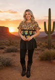 Western leopard & Cactus & Black color block short sleeve women tops BQ13934 (DS8)