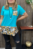 BQ12209 Turquoise & sunflower/animal printed with front pocket short sleeve blouse(CS4 )