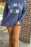 XCH15610 "SANTA SZN"letters patch&navy leopard printed long sleeve women tops