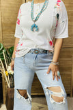 GJQ14220 Side floral multi printed with button short sleeves white women tops (DS1)