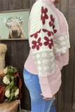 MY15306 Pink block rust red printed  knitted fabric women sweater loose long sleeve w/long string hoodie