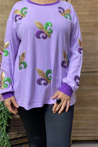 XCH15210 Green/purple/gold sequin floral printed long sleeve women blouse/tops