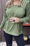 GJQ15536 Green solid color w/green lace tighten cuff long bottom sleeve side split front short/back more long women tops