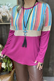 BQ8212 Fuchsia/tan serape printed color block long sleeve top  (ES6)