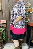 GJQ15746 Leopard printed fuchsia/black solid color short sleeve women dress w/side pockets