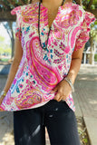 BQ15642 Paisley multi color printed short sleeve/ruffle V-neckline women tops