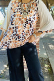 XCH15453 Leopard printed 3/4 loose beige color sleeve/ruffle trim women tops