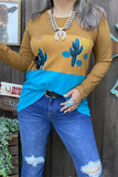 GJQ13400 Blue/ginger block color w/cactus printed long sleeve women top (DS4)