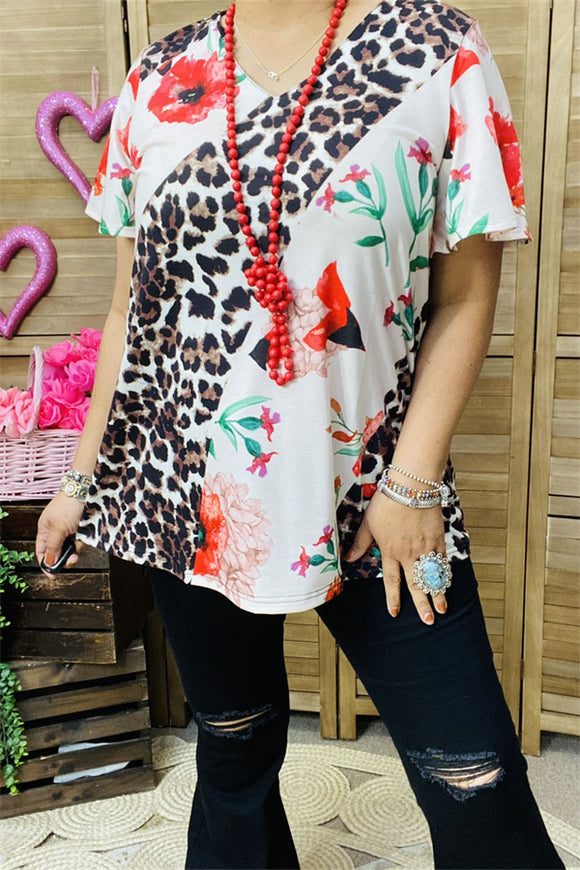 XCH12317 Floral & leopard multi color printed short sleeve women top