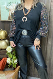 XCH15149-1 Sequin long sleeve w/tighten cuff black women tops