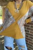 BQ14390 Aztec printed & knitted block yellow solid color long sleeve women tops(BS2 )