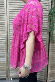 Women's blouse Fuchsia dots & lace short sleeve baby doll women top BQ15351