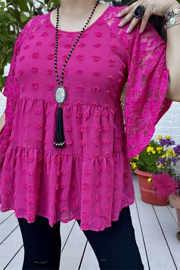 Women's blouse wholesale Fuchsia dots & lace short sleeve baby doll top BQ15351
