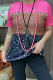 XCH15330 Paisley&white dots w/black fuchsia block color printed short sleeve women tops