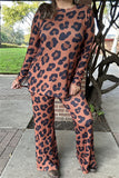 BQ15604 Black&brown leopard printed long sleeve top&pant 2pcs tan women set