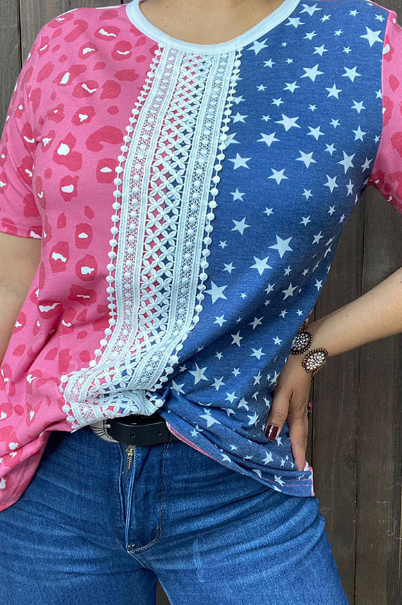 Half pink leopard & White stars printed short sleeve women tops w/lace trim XCH14990