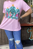 XCH15752 Dancing girls w/stars&trees multi color printed baby pink short sleeve women tops