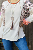 GJQ15315 Side leopard printed outside sewing design beige solid long sleeve women tops