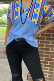 GJQ10633 Blue/yellow/rust red color printed Aztec V-neckline short sleeve women blue tops(DS8)