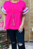 BQ15926 Double pink ruffle short sleeve women fuchsia tops