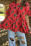 GJQ15720 Christmas tree&deer printed red color fabric short sleeve/ruffle baby doll women tops