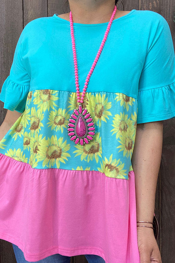 Women top suppliers Turquoise & floral & pink color block with short sleeves XCH14854 (DS6)