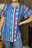 FW10191 Multi color Aztec/Cowboy printed short sleeve/ruffle women blouse (DS4)