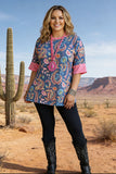 Paisley printed light pink sleeve trim short sleeve women tops GJQ14011 (FS5)
