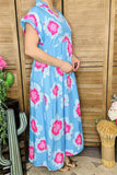 XCH15912 Fuchsia multi color floral printed short sleeve w/double trim long women blue dress w/side pockets
