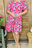 GJQ16005 Fuchsia floral multi color printed short sleeve w/elastic band women dress w/side pockets