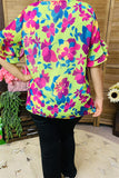 BQ15859 Teal&Turquoise multi color floral printed short sleeve w/double ruffle women mints tops